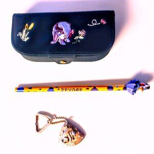 DISNEY (Winnie the Pooh) EEYORE Embroidered Glasses Case, Key Chain, Pencil SET